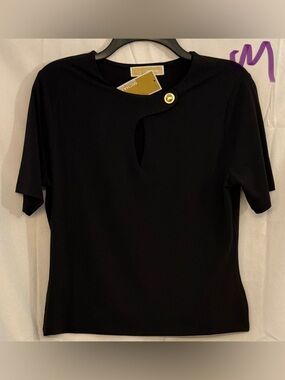 Michael Kors Black Short Sleeve Keyhole Top with Gold Button